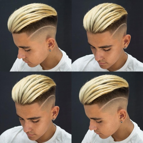 slicked back undercut top blonde hairstyle with side part fade